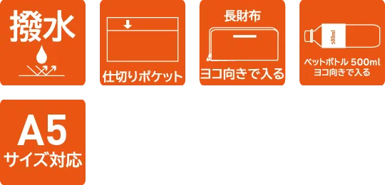 撥水、仕切りポケット、長財布がヨコ向きで入る、ペットボトル500mlヨコ向きで入る、A5サイズ対応