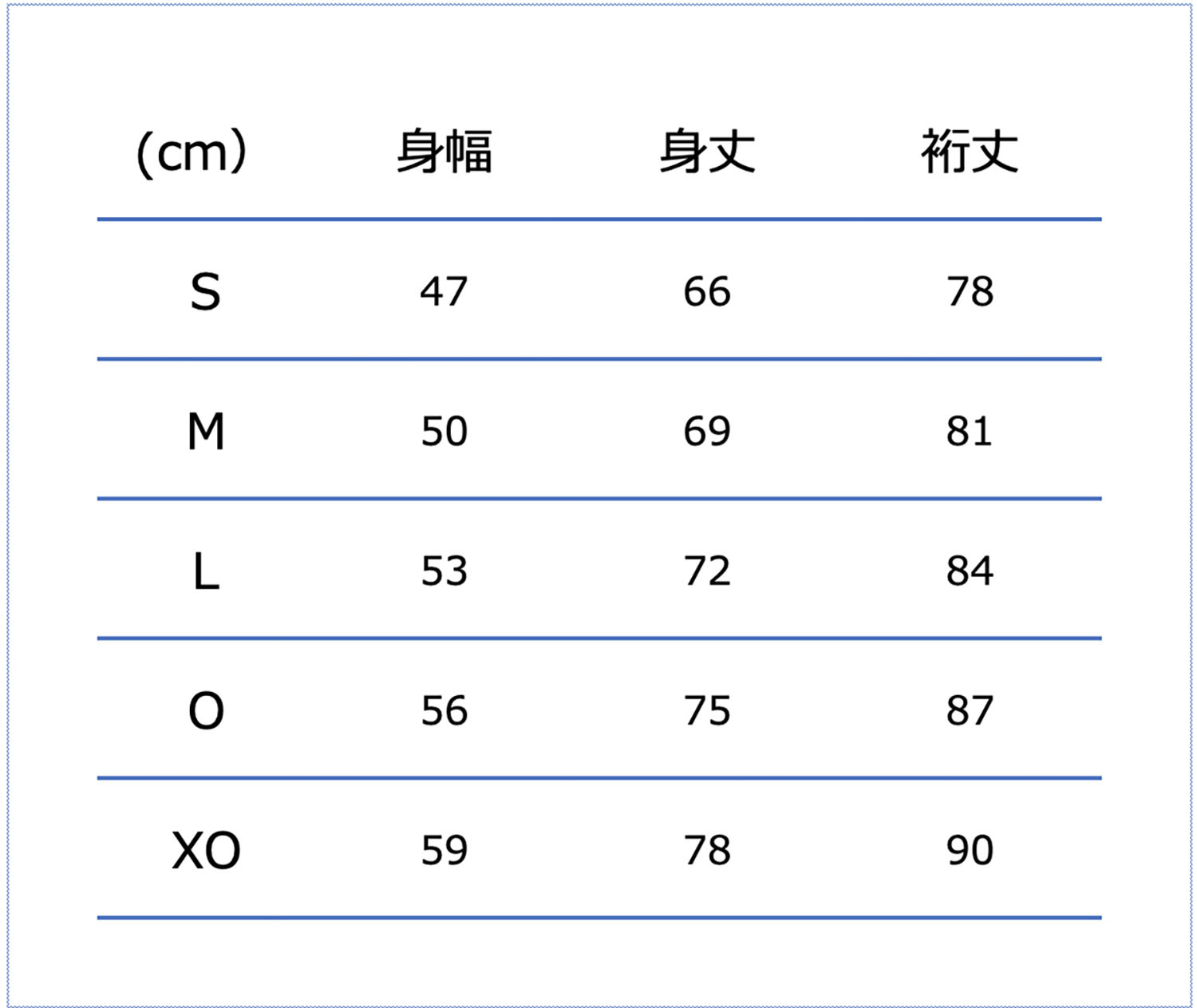 Sサイズ:チェスト86-90cm、身長162-167cm、Mサイズ:チェスト90-94cm、身長167-172cm、Lサイズ:チェスト94-98cm、身長172-177cm、Oサイズ:チェスト98-102cm、身長177-182cm、XOサイズ:チェスト102-106cm、身長182-187cm