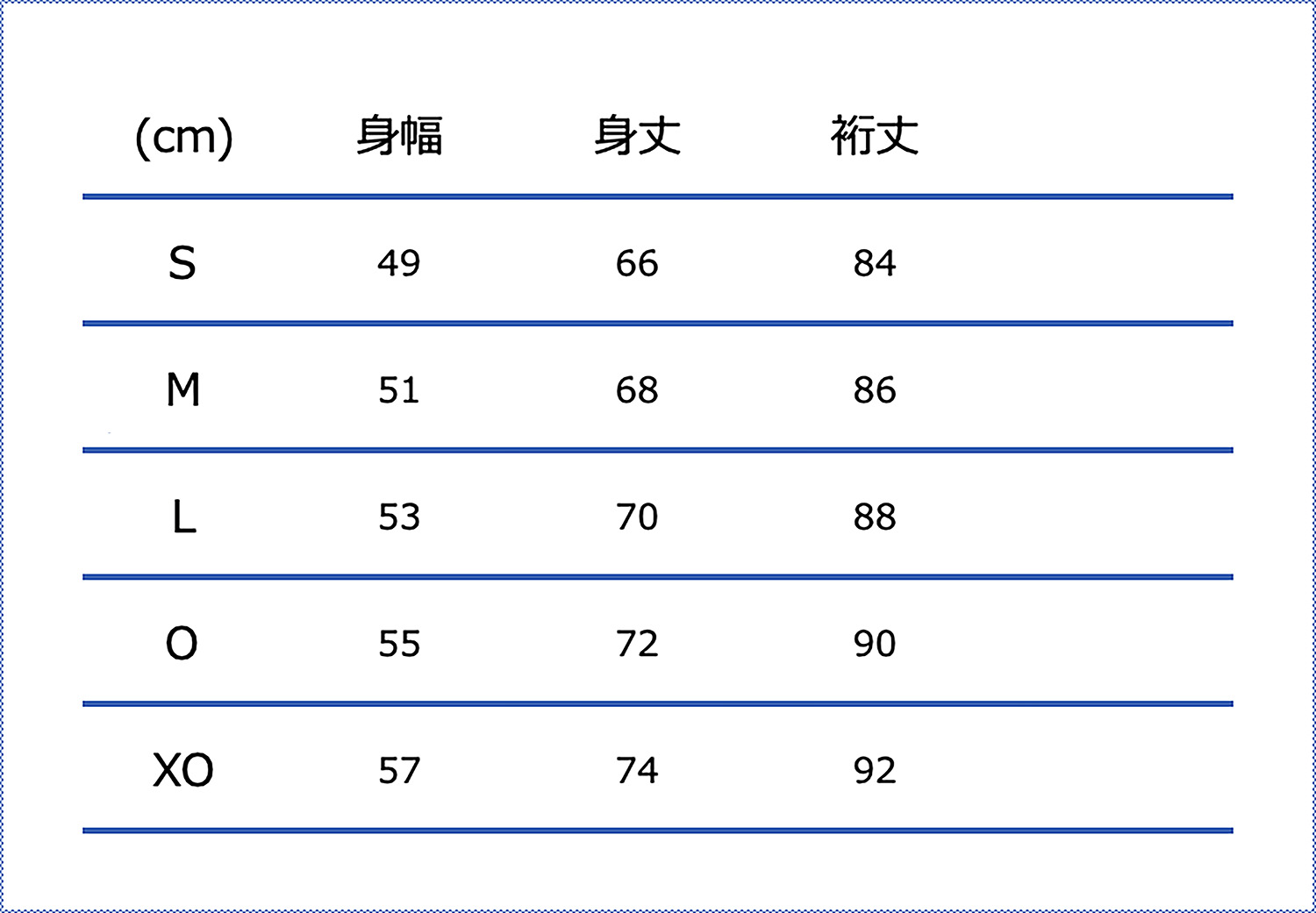 Sサイズ:チェスト86-90cm、身長162-167cm・Mサイズ:チェスト90-94cm、身長167-172cm・Lサイズ:チェスト94-98cm、身長172-177cm・Oサイズ:チェスト98-102cm、身長177-182cm・XOサイズ:チェスト102-106cm、身長182-187cm