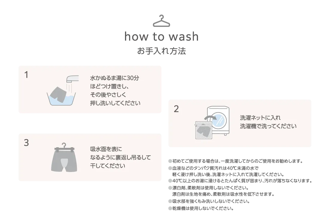 お手入れ方法 Raku Lunaに血液などのタンパク質汚れが付着した場合、水かぬるま湯に30分程つけ置きをし、その後やさしく押し洗いをして洗濯ネットに入れて洗濯機で洗ってください。干すときは吸水面が外側になるよう裏返して、吊るして干してください。