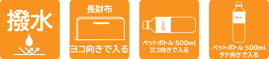 撥水、長財布ヨコ向きで入る、ペットボトル500mlヨコ向き・タテ向きで入る