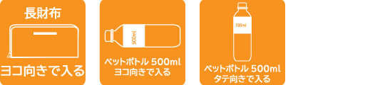 長財布ヨコ向きで入る、ペットボトル500mlヨコ向き・タテ向きで入る